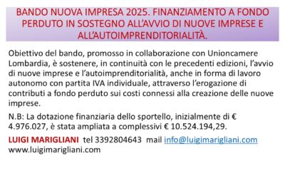 BANDO NUOVA IMPRESA 2025. FINANZIAMENTO A FONDO PERDUTO IN SOSTEGNO ALL’AVVIO DI NUOVE IMPRESE E ALL’AUTOIMPRENDITORIALITÀ.