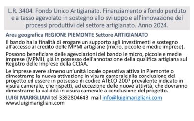 REGIONE PIEMONTE L.R. 3404. Fondo Unico Artigianato. Finanziamento a fondo perduto e a tasso agevolato in sostegno allo sviluppo e all’innovazione dei processi produttivi del settore artigianato. Anno 2024.