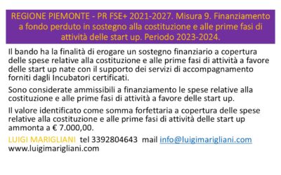 PR FSE+ 2021-2027. Misura 9. Finanziamento a fondo perduto in sostegno alla costituzione e alle prime fasi di attività delle start up. Periodo 2023-2024.